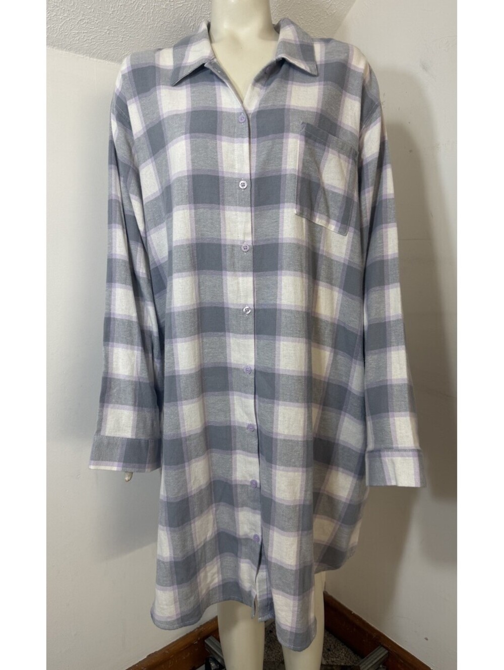 Sonoma New Womens 2X Sleep Shirt NightgownFlannel Plaid Pockets Pink Grey